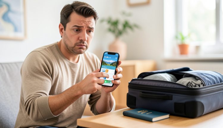 A traveler looking puzzled at a travel app on a new phone, with a packed suitcase and passport on the table