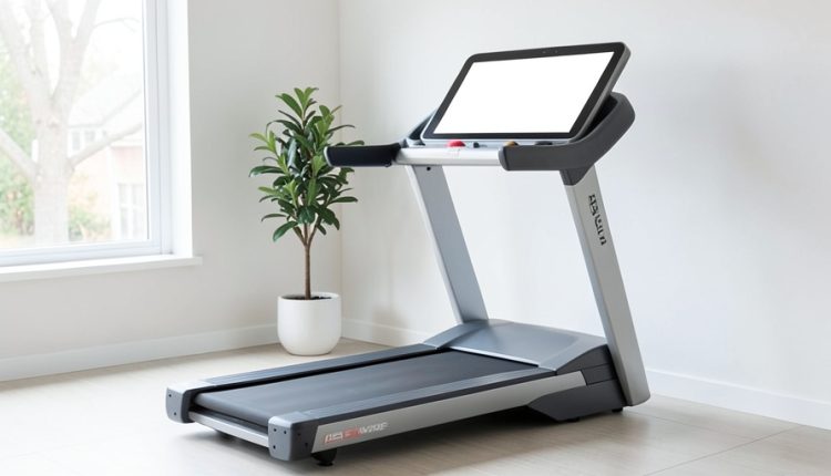 A modern home treadmill with a large touchscreen display in a bright home gym room with a plant and window