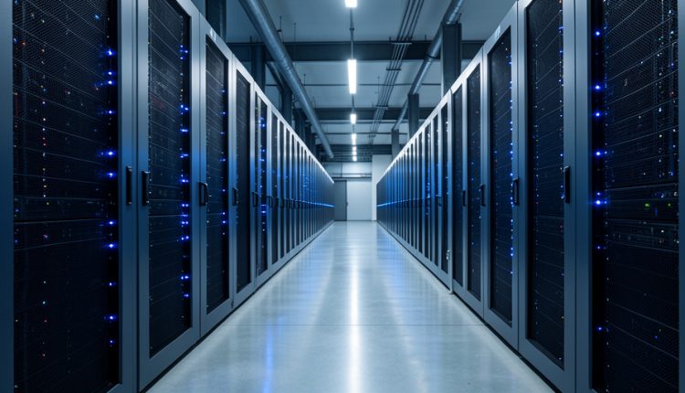 A long cold aisle inside a modern data center with tall server racks and blue status lights receding into the distance
