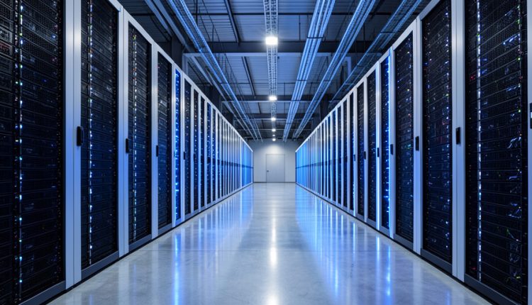 Vast data center hall with long rows of server racks and blue LED lights receding into the distance