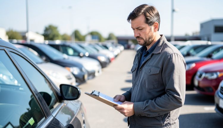 A buyer holding a clipboard inspecting a used car at an outdoor dealership lot with rows of cars behind