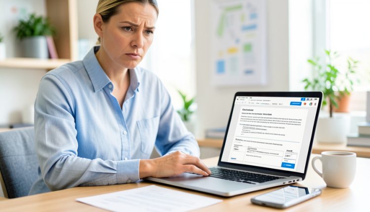 A business owner at a desk looking warily at a suspicious form request on a laptop, with a printed document and phone on the desk