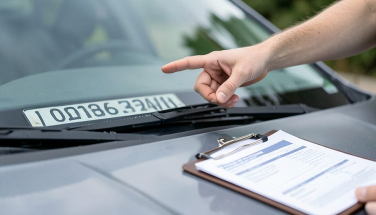 A hand pointing to a vehicle identification number plate on a car dashboard through the windshield, with registration paperwork on the hood