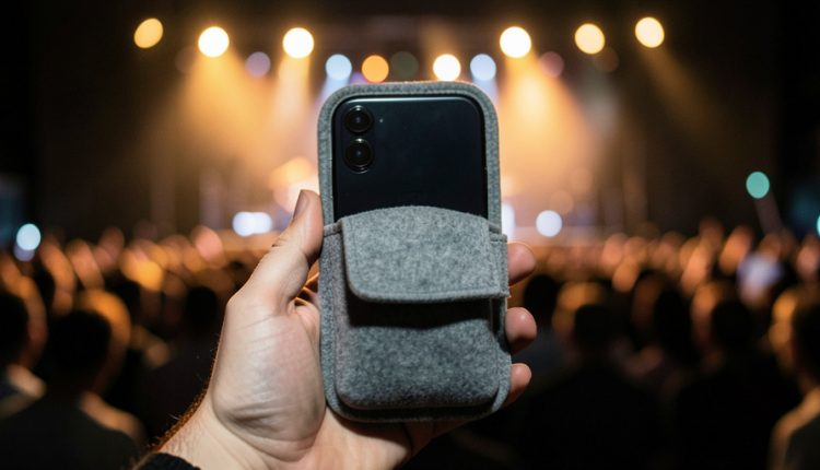 A hand holding a smartphone sealed inside a gray fabric locking pouch with blurred concert stage lights and a crowd in the background