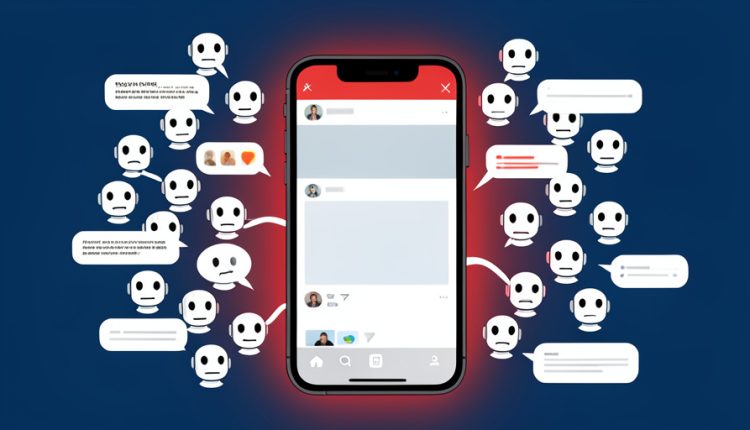 A smartphone showing a social feed surrounded by a swarm of identical robot-account avatars and reply bubbles, with a red warning glow