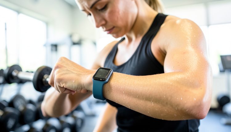 A person in a gym glancing at the fitness smartwatch on their wrist, dumbbells blurred in the background
