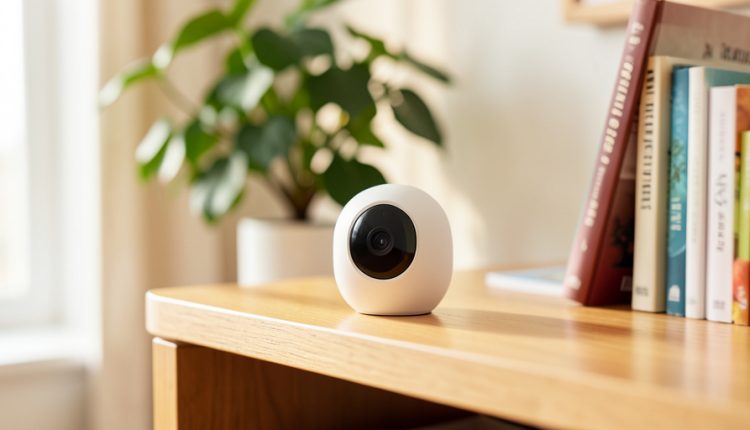 A small modern white indoor home security camera on a bookshelf in a bright apartment