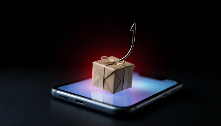 A fishing hook lifting a small wrapped gift box off a glowing smartphone screen against a dark background with a red warning glow