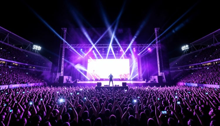 A packed stadium concert at night with a performer silhouetted on a wide stage under purple spotlights and thousands of raised phone lights