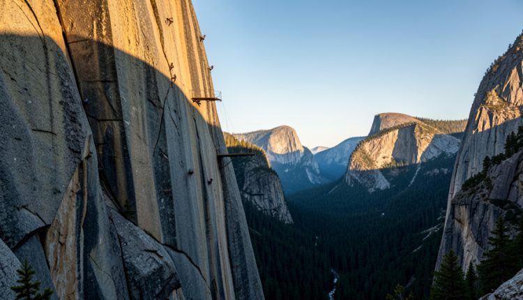 Tiny climbers high on a sunlit granite big wall in a Yosemite-style valley, showing the scale and exposure of the rock