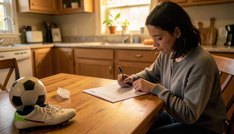 A parent at a kitchen table carefully reading a printed contract with a pen, a youth soccer ball and cleats nearby