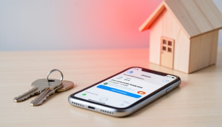 A smartphone showing a money-transfer app beside house keys and a small model house with a red warning glow